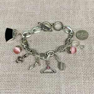 Silver Girly Pink Black Enamel Charm Bracelet